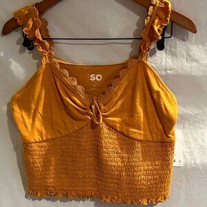 SO Brassy Gold Smocked Front-Tie Tank Top, v-neck with keyhole cutout NWT